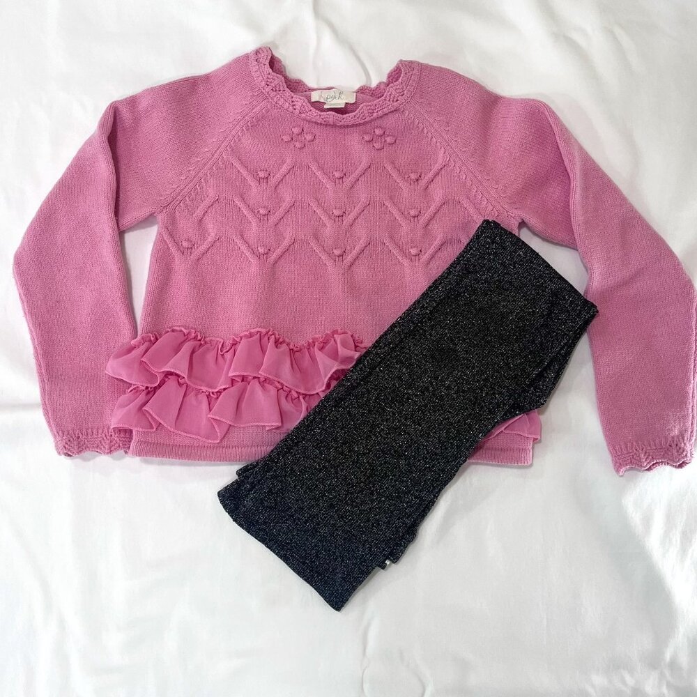 Peek (Nordstrom) Girls Pink Ruffle Sweater & Black Sparkly Pants | Size 6